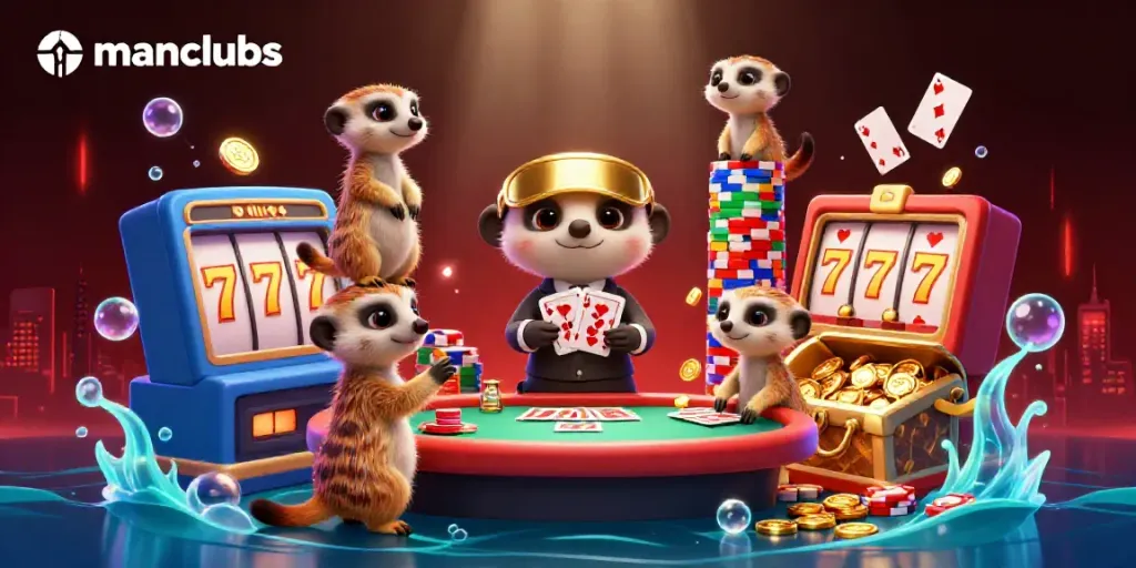 Experience the excitement at manclubs with meerkats running a vibrant casino, showcasing card games and jackpot elements.