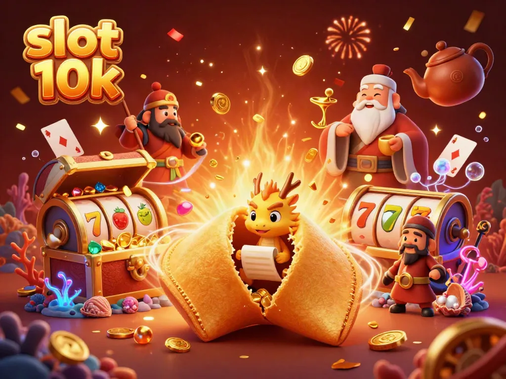 Experience the thrill of the slot 10k with a fantasy scene featuring a golden fortune cookie and dynamic gaming elements.