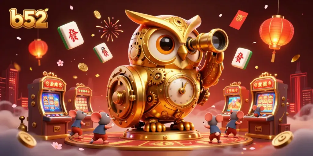 Join the vibrant fun with b52 as the golden owl observes thrilling casino action among lucky charms.