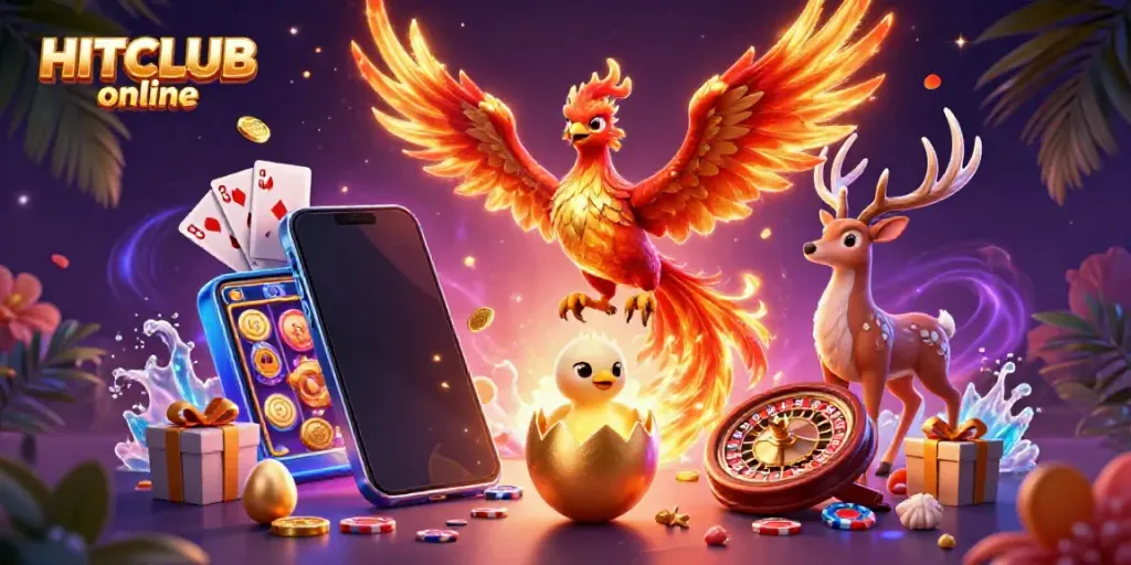 Engage with HITCLUB online through vibrant gaming elements and a mystical phoenix illustration.