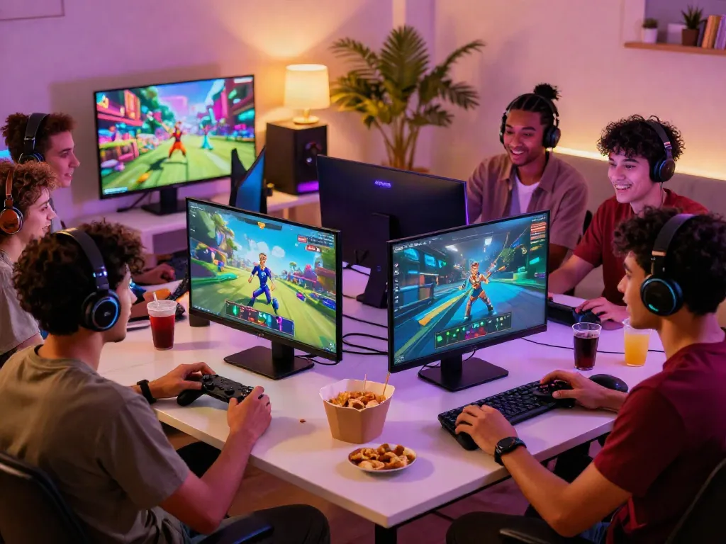 Friends enjoying a thrilling gaming night on the trang chủ da88 platform, filled with excitement and snacks.