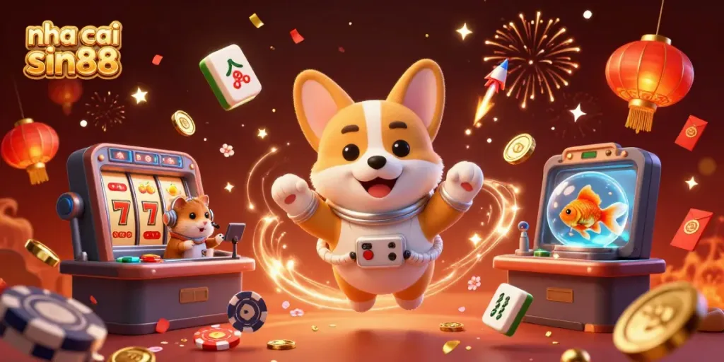Spin and win at nha cai sin88 with vibrant slot symbols and cheerful characters swirling in a colorful casino scene.