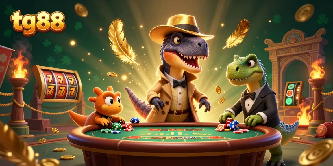 Experience the thrill with tg 88's dynamic blackjack scene featuring cartoon dinosaurs and vibrant casino elements.