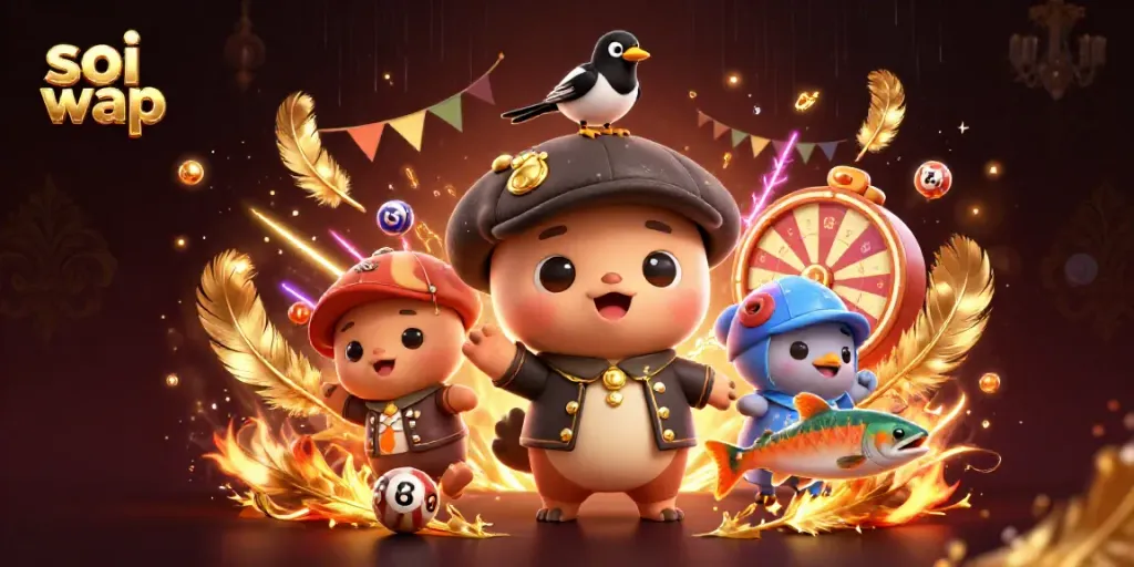 Engage in winning strategies with soi cầu wap through dynamic lottery illustrations featuring playful characters and gold coins.