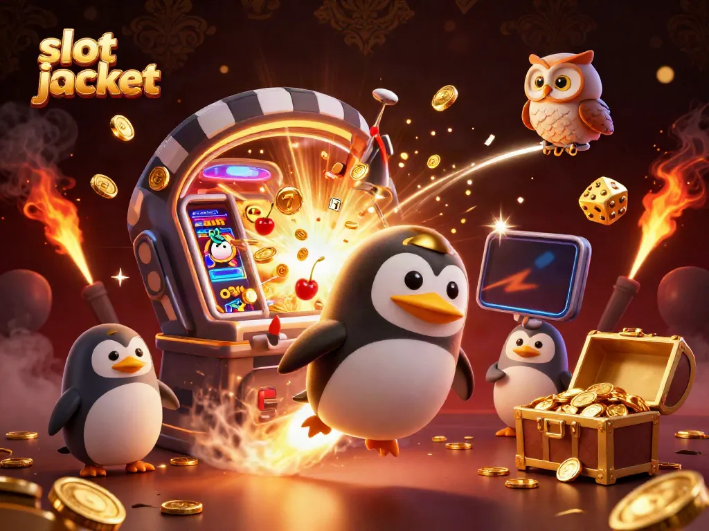 Experience the thrilling slot jackpot adventure with a golden penguin and dynamic casino elements!