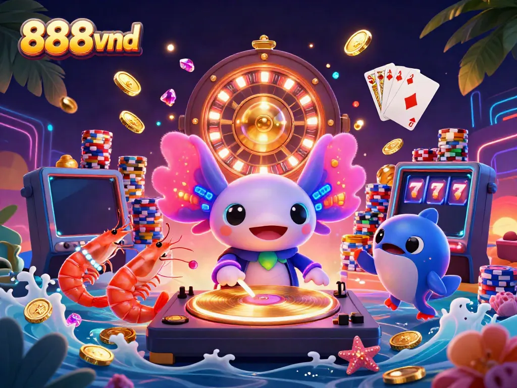 Experience thrilling wins at 888vnd with vibrant casino-themed elements and energetic characters.