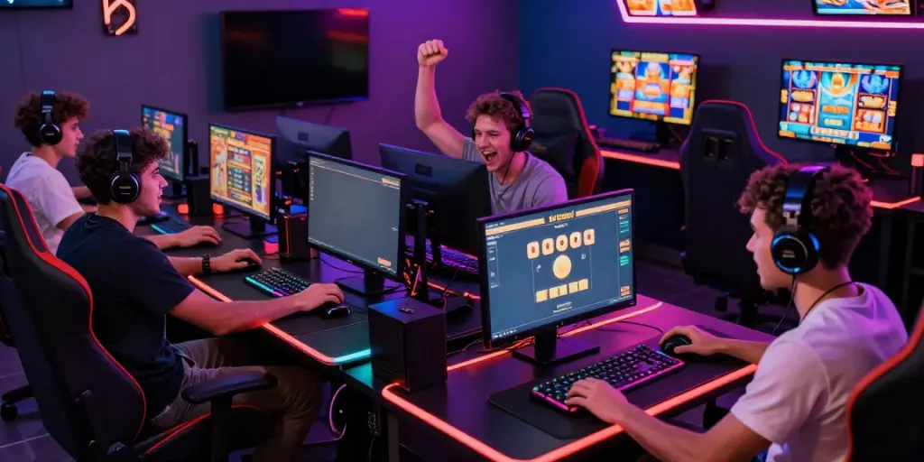 Excited players enjoying slot gacor hari ini in a vibrant gaming lounge, highlighting modern equipment and dynamic atmosphere.