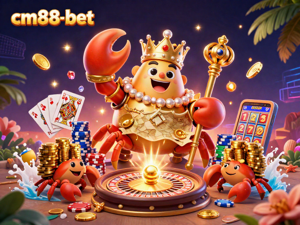 Experience the thrills of cm88-bet with a vibrant 3D casino illustration showcasing a crab emperor and treasures.