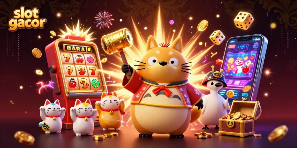 Experience exciting wins on slot gacor with a cheerful tanuki and vibrant casino elements.