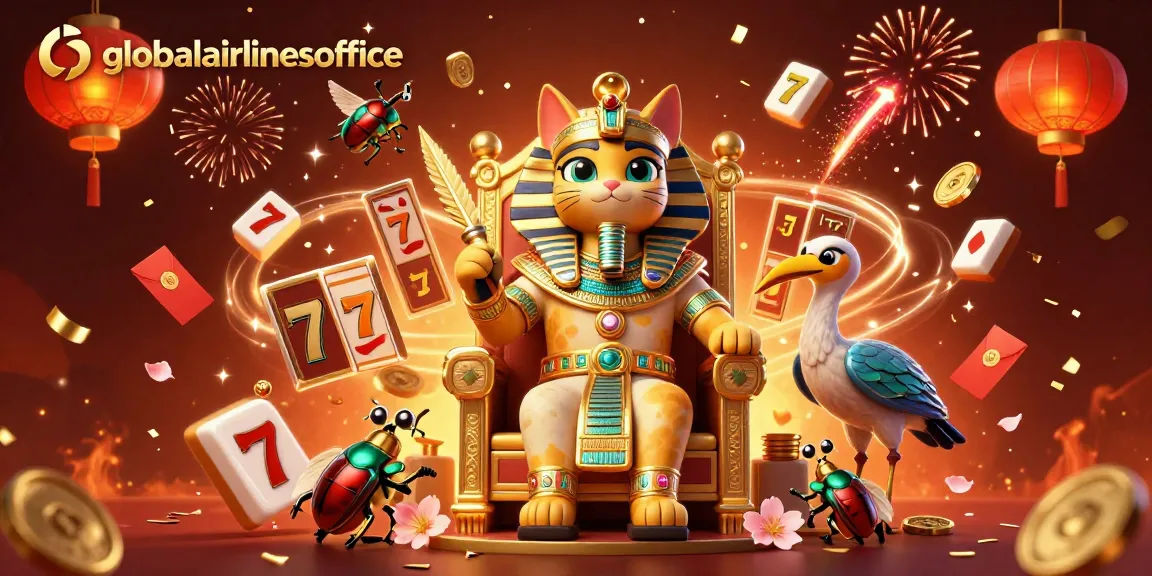 Engage with globalairlinesoffice's thrilling slot games featuring an Egyptian pharaoh cat.