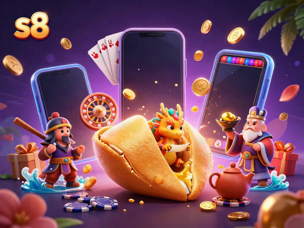Join the fun with s8's vibrant slot game scene, featuring a golden fortune cookie and adventurous characters.