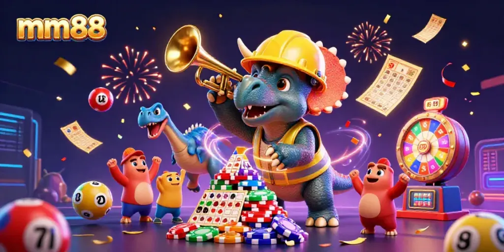 Experience mm88 excitement with a lively 3D illustration of casino-themed characters amidst colorful lottery elements.