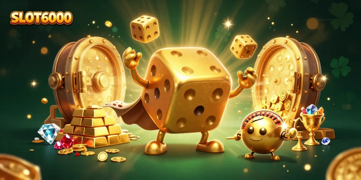 SLOT6000 showcases a vibrant 3D scene with a golden dice golem and casino riches dazzling viewers.