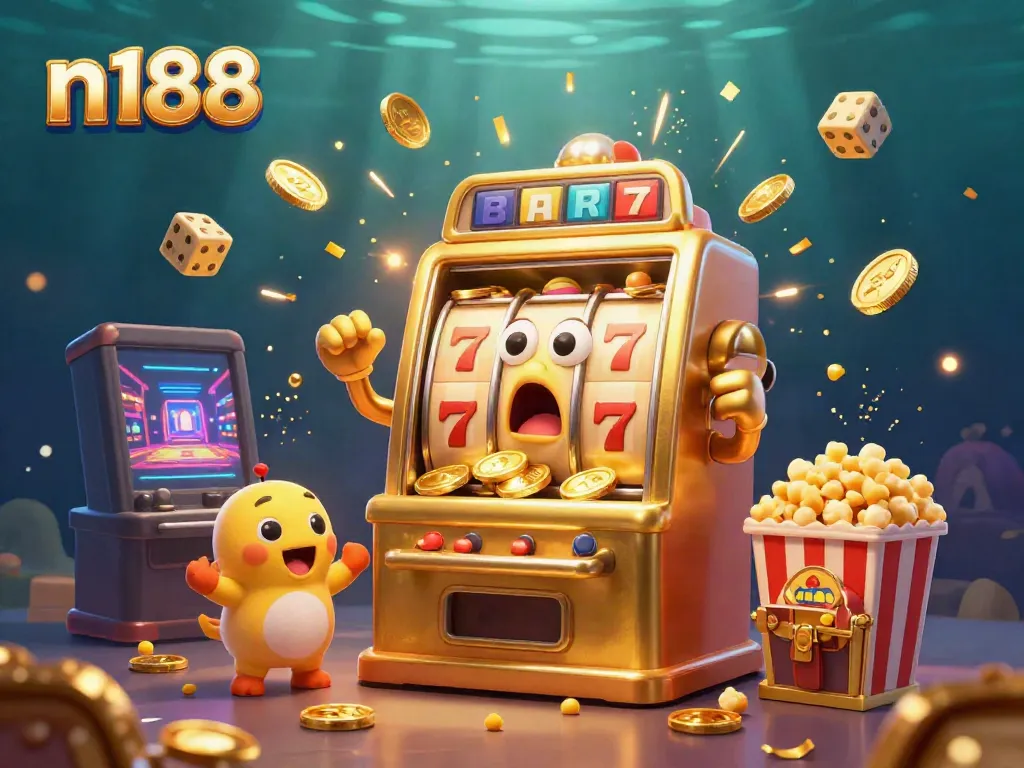 Experience the excitement with n188's golden slot machine bursting with coins and light in this vibrant scene.