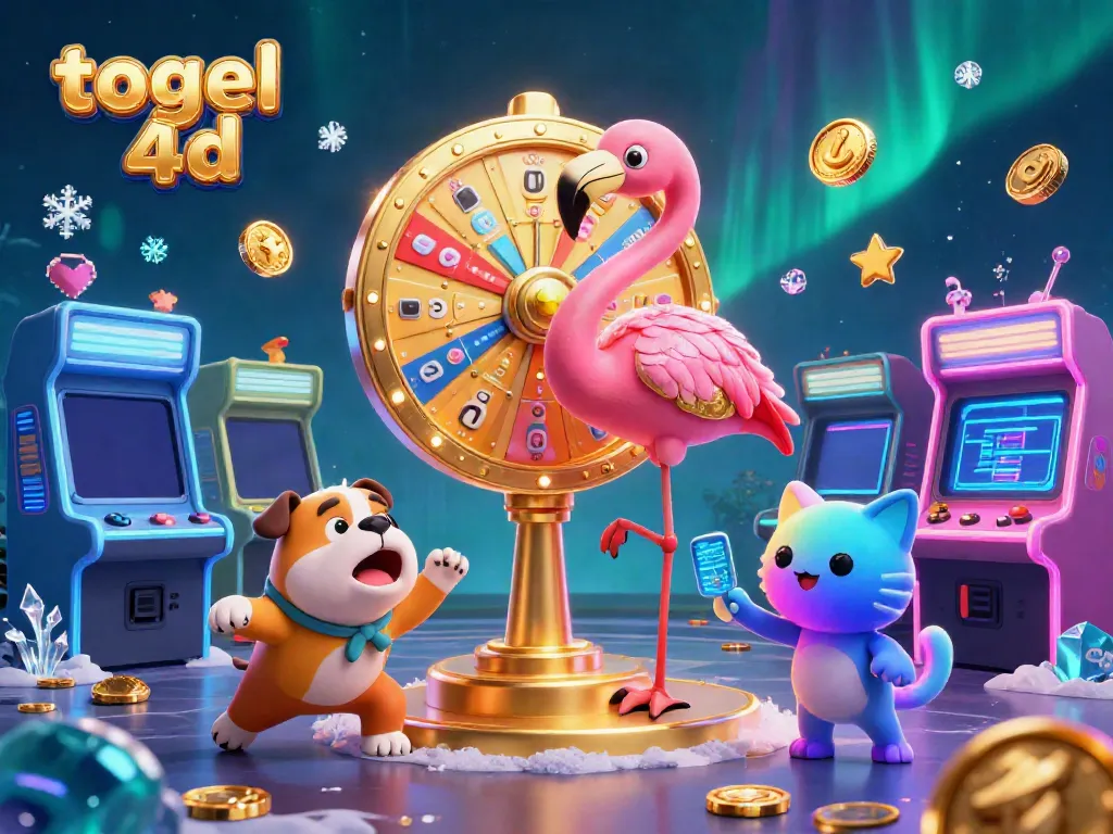 Gambaran menarik tentang togel 4D dengan flamingo pembawa acara, bulldog peserta, dan kucing asisten menampilkan hadiah.