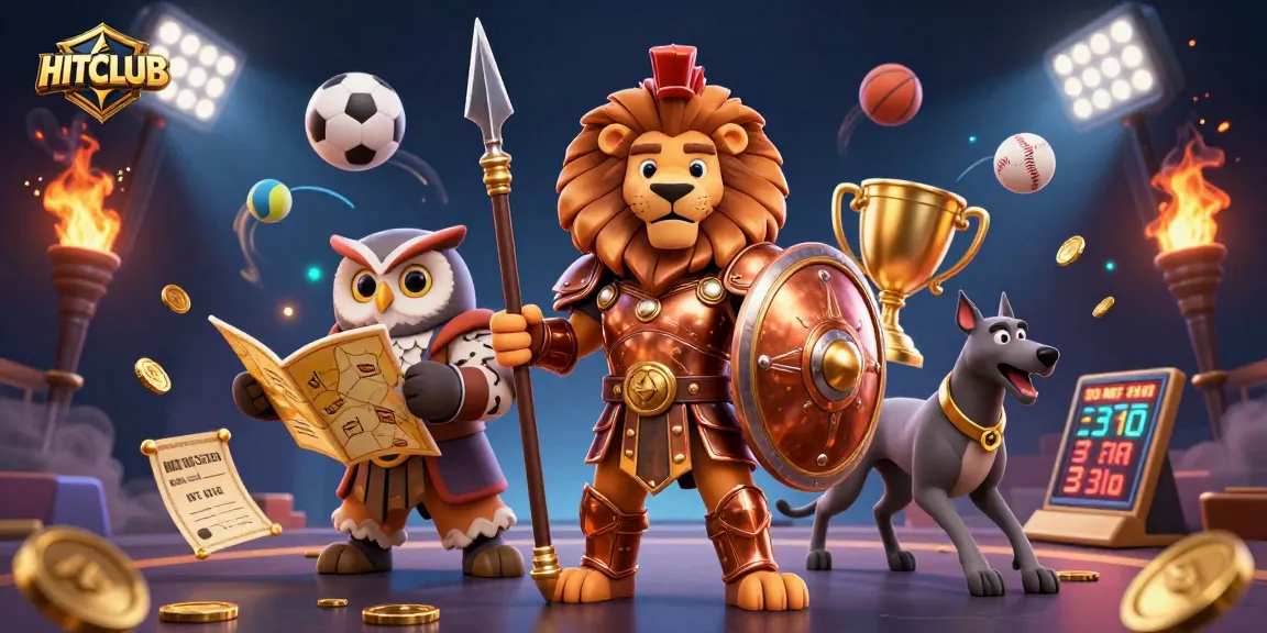 Engage with HITCLUB's thrilling sports atmosphere featuring cartoon Spartan lion, owl, and greyhound.