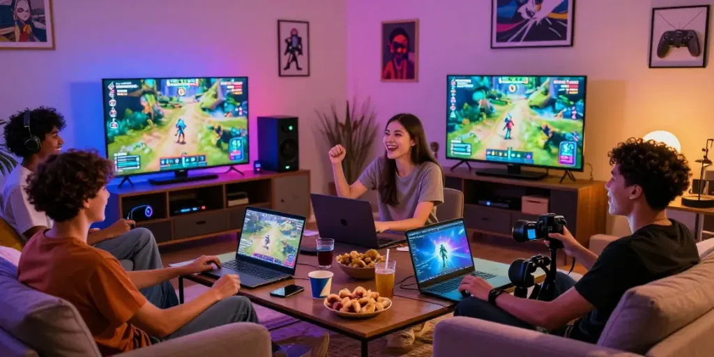 Engaged friends enjoying games on GARUDA404 platform in a cozy living room.