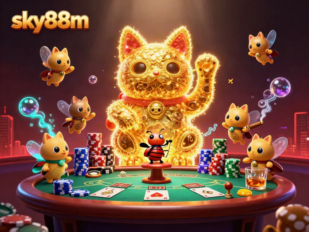 Engage with sky88m's vibrant casino universe featuring a dynamic lucky cat surrounded by poker elements.