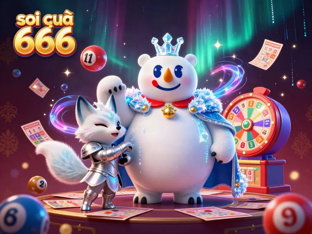 Engage with soi cầu 666 through a vibrant 3D cartoon illustration depicting a lottery scene with a polar bear and snowy fox.