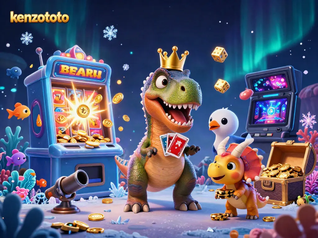 Kenzototo brings excitement as a T-Rex attempts to shuffle cards with a pterodactyl alongside a triceratops stacking chips.