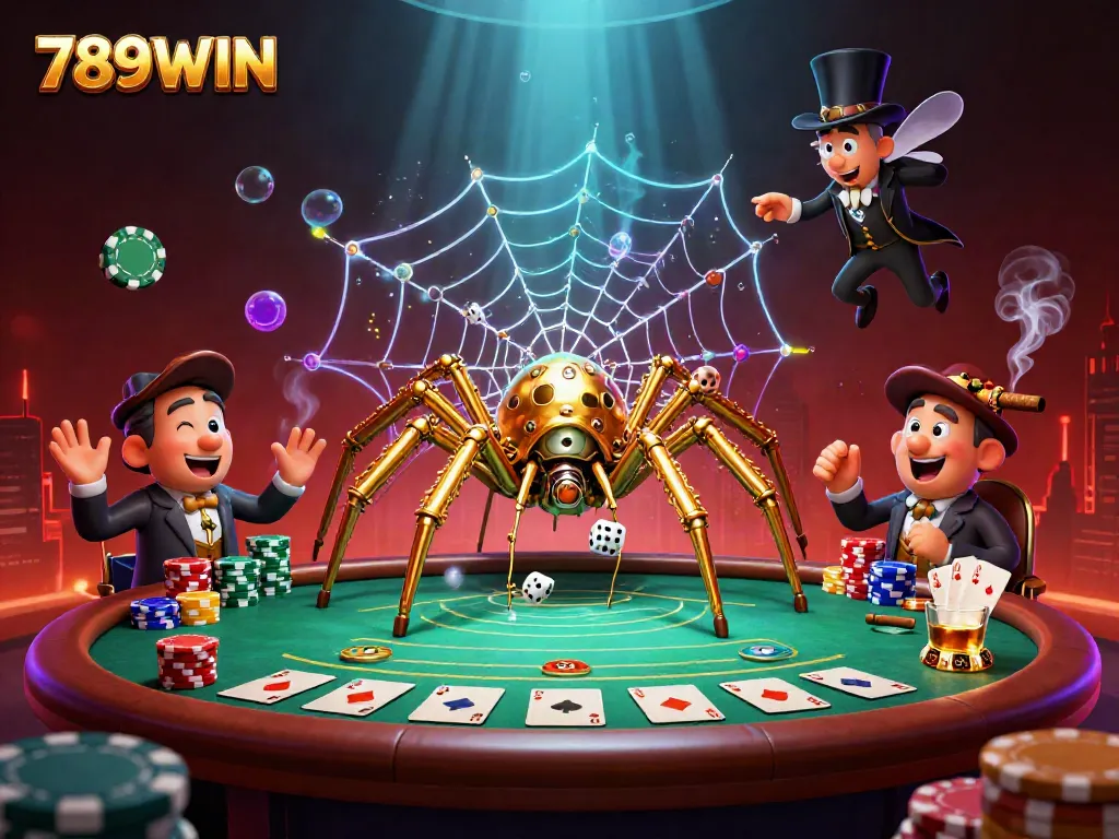 Experience 789WIN's thrilling casino scene with a steampunk-themed golden spider and poker elements.