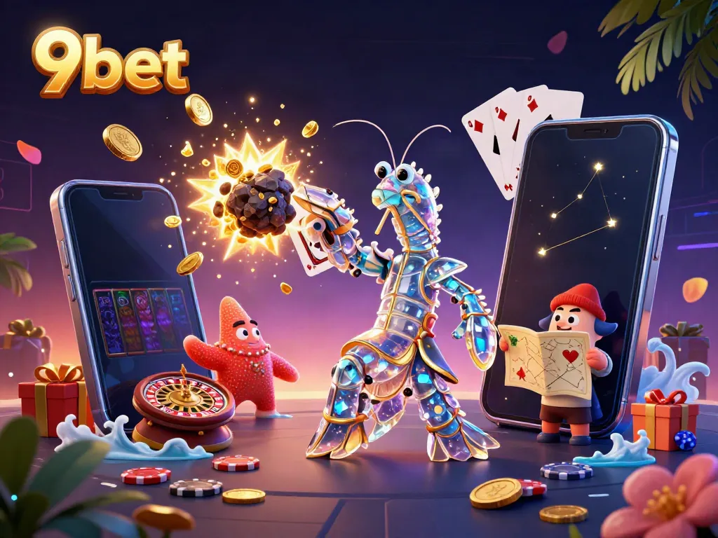 Experience the thrill of 9bet with a vibrant 3D illustration of a samurai mantis shrimp and starfish in a dynamic casino scene.