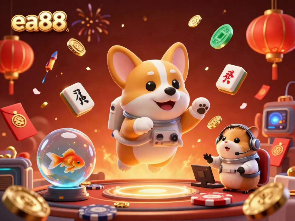 Experience the excitement of ea88 casino gaming with a galactic twist featuring a corgi and colorful elements.
