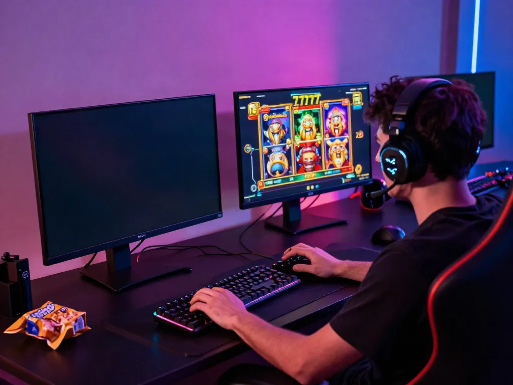 Player enjoying the slot777 gaming experience at a modern setup with vibrant visuals.