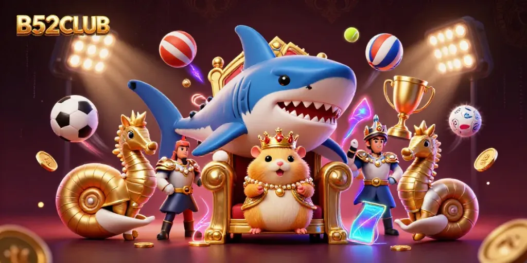B52CLUB showcases a regal hamster king on a shark throne, enveloped in gaming excitement.