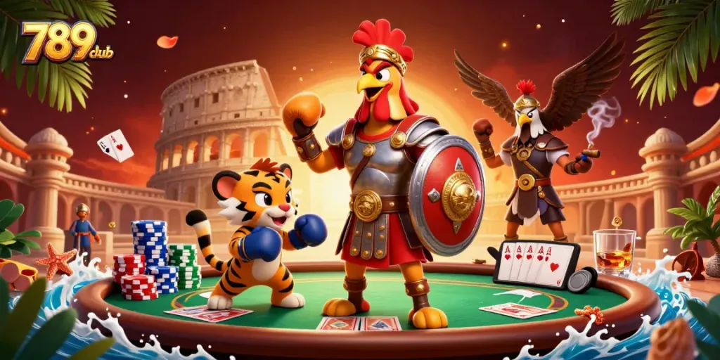 Enjoy thrilling poker action in a vibrant 789club scene featuring a rooster, tiger cub, and eagle.
