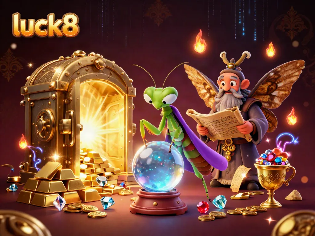 Engage in thrilling gameplay at luck8 while witnessing a wise mantis and golden moth in a mystical casino scene.