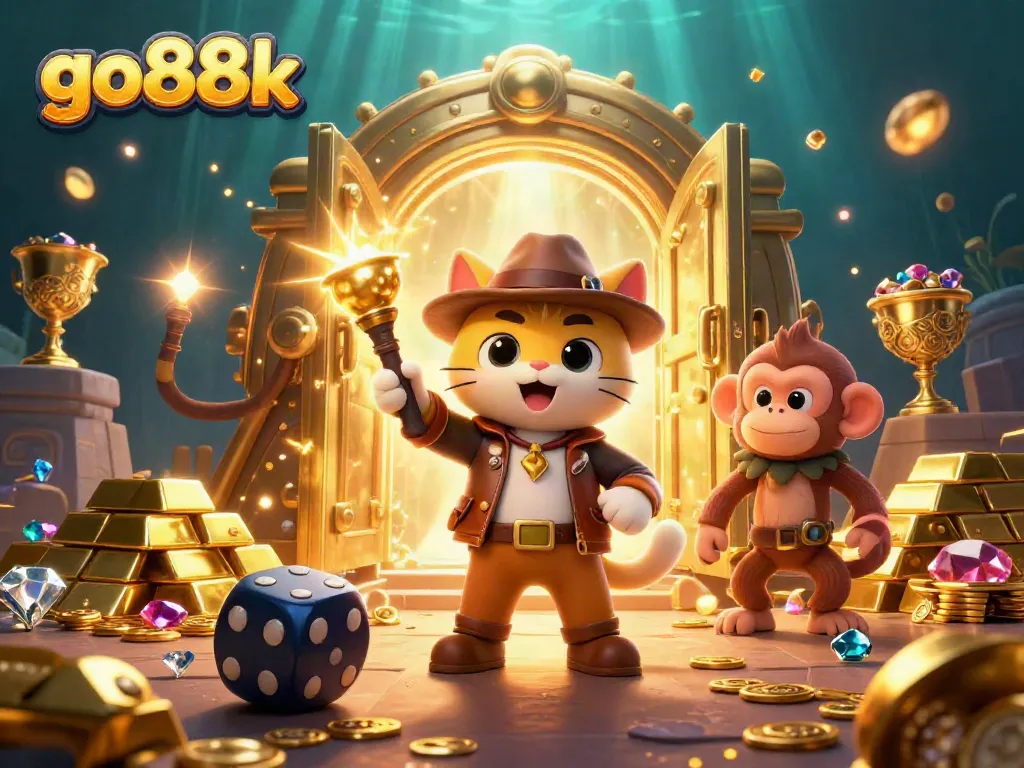 Engage with go88k's thrilling adventures in this dynamic casino-themed 3D illustration.