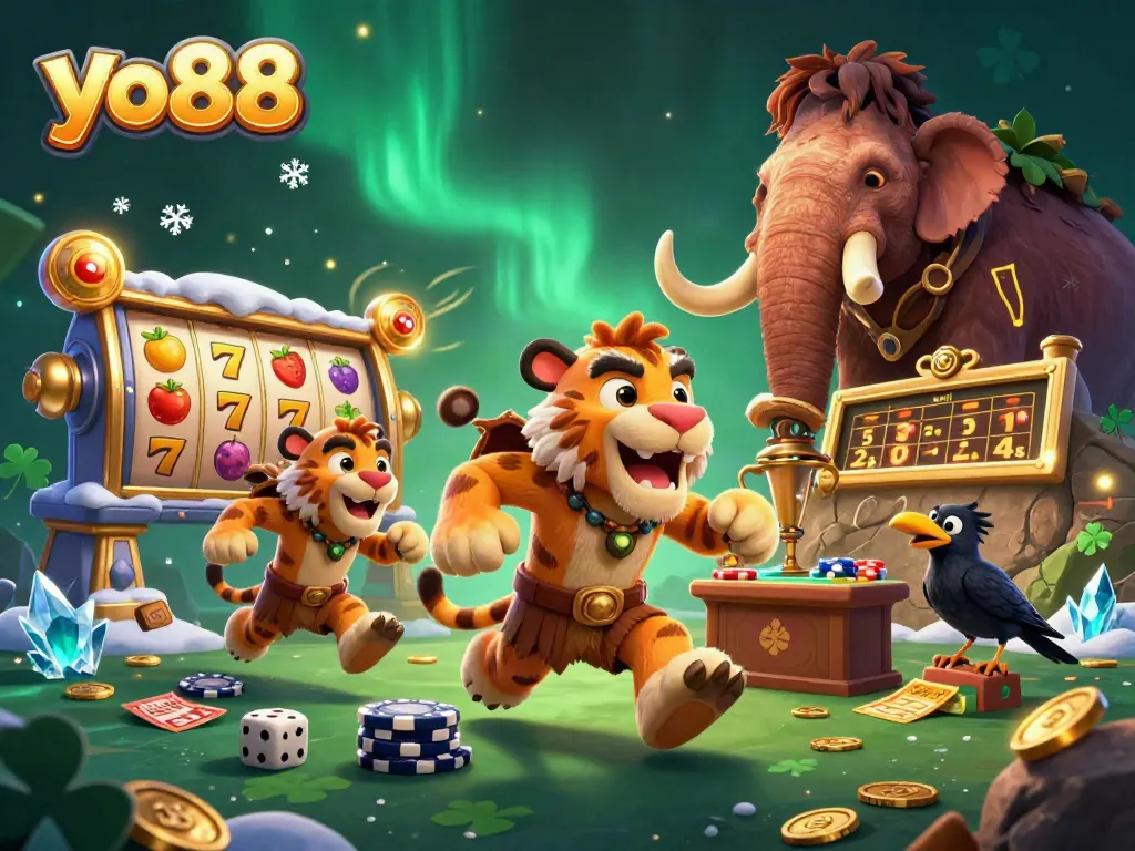 Experience excitement with yo88 at this vibrant prehistoric casino scene featuring thrilling slot gameplay and dynamic visuals.