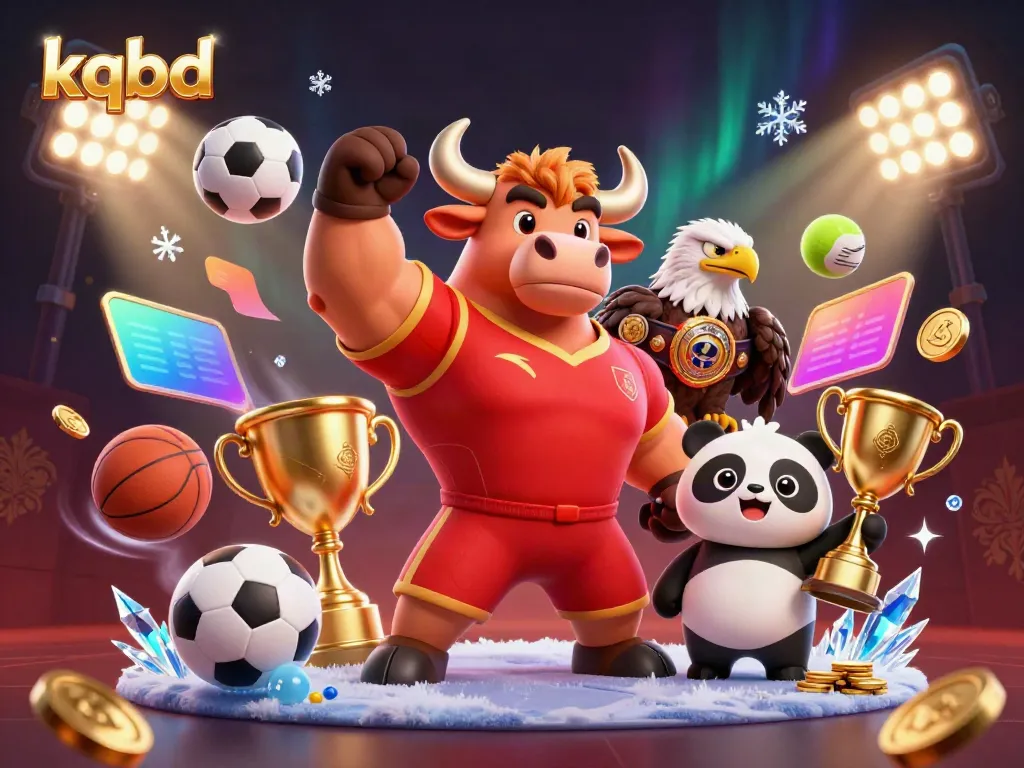Engaging kqbd scene with a bull mascot and eagle celebrating victory with trophies and sports balls.