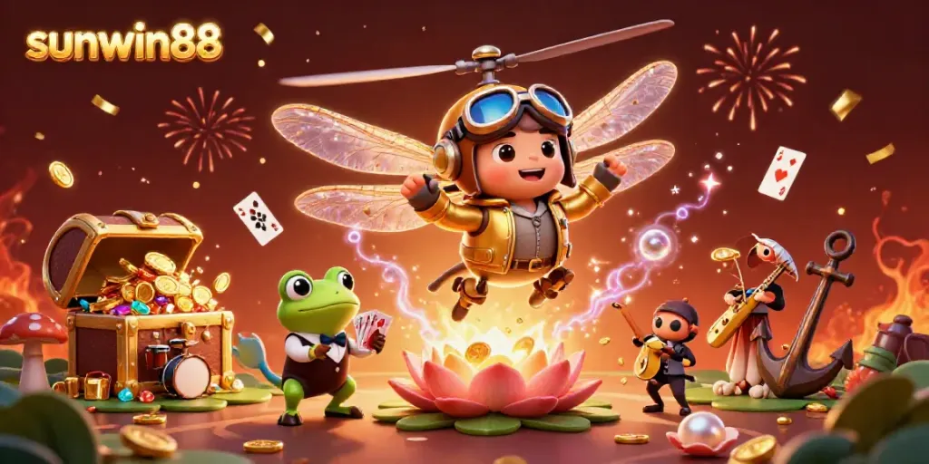 Experience thrilling gameplay with sunwin88 at this vibrant lily pad casino featuring a dragonfly pilot and frog dealer.