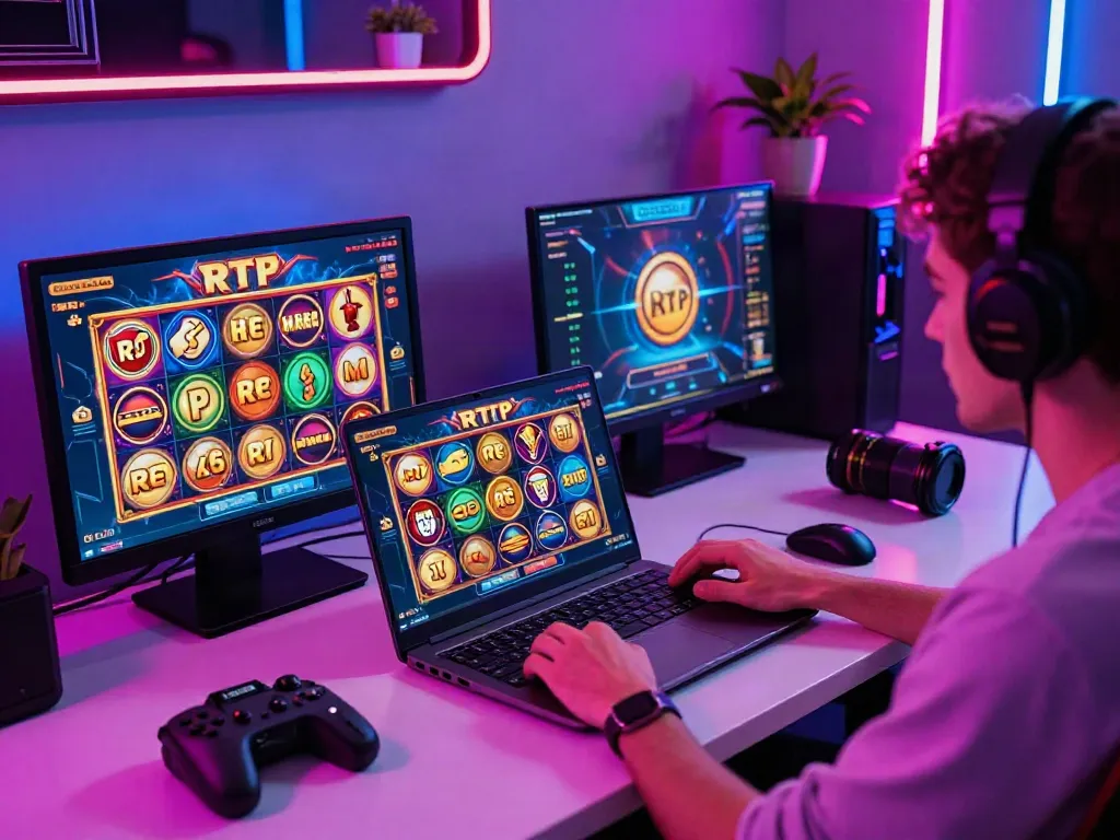 Player engaging with high RTP slot games on a vibrant gaming setup.