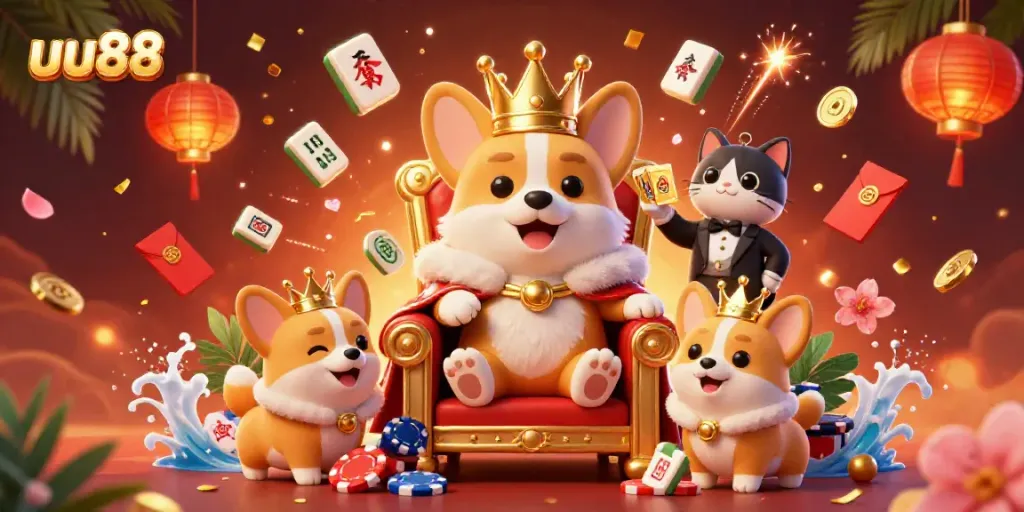 uu88 invites players into a vibrant 3D casino scene featuring a royal corgi and lucky elements.