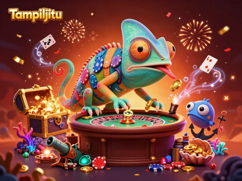 Tampiljitu's vibrant casino scene featuring a color-shifting chameleon owner amidst exploding treasure.