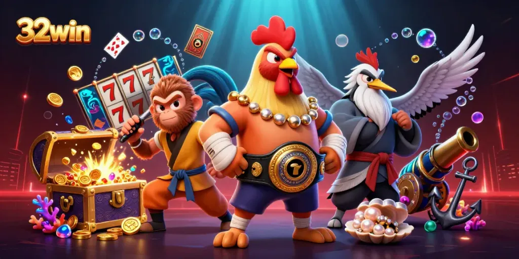 Win big with 32win in this vibrant scene featuring Muay Thai rooster and slot elements.