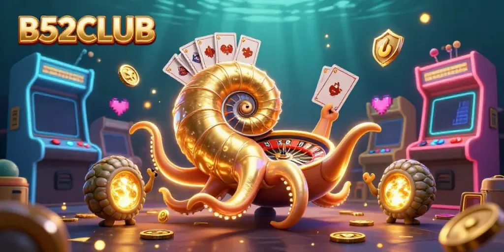 Engage with vibrant B52CLUB casino games featuring a 3D nautilus roulette and glowing game elements.