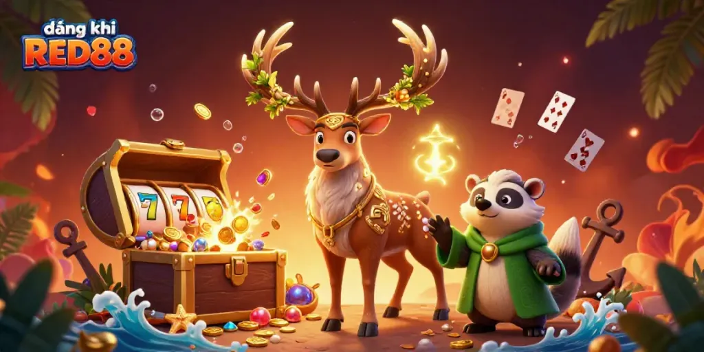 Engage with the vibrant world of đăng ký RED88 featuring a druid stag and badger with casino elements.