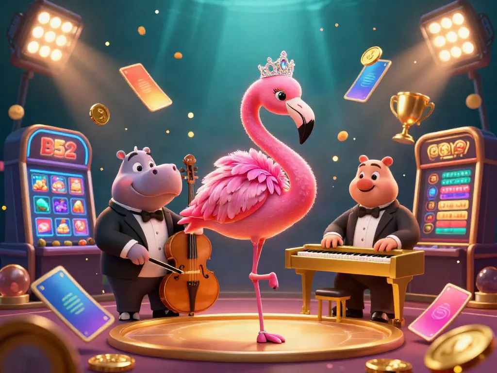 Engage with B52 excitement through vibrant 3D casino elements and characters in dynamic action.