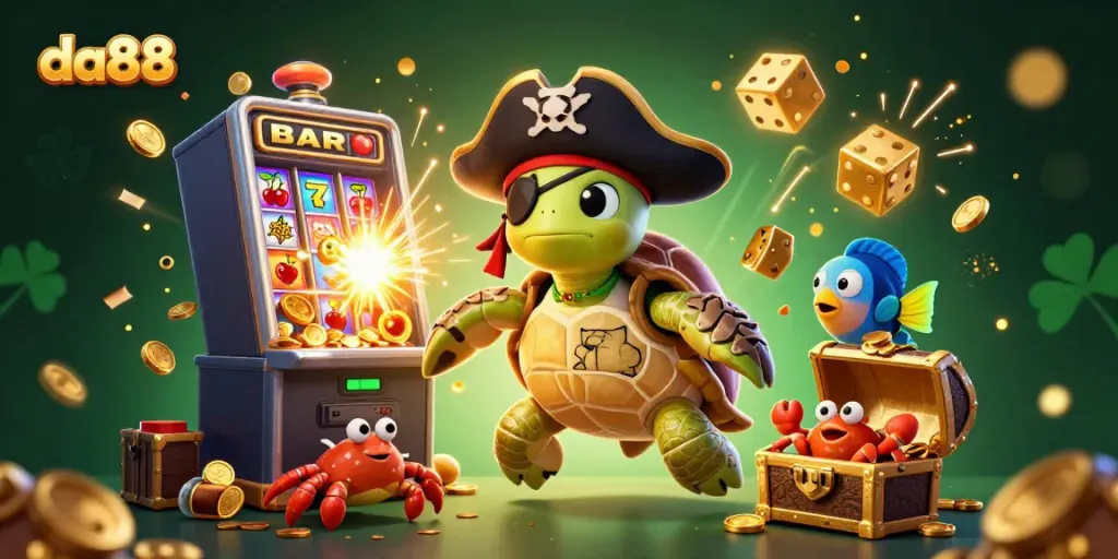 Experience thrilling gaming action with da88 combining a pirate turtle, treasure, and vibrant casino elements.